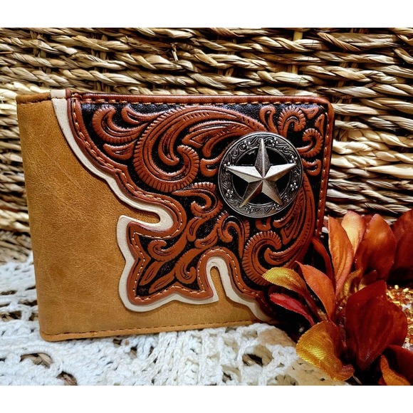 Sheriff Star Wallet Floral Handtooled Men's Bifold Faux Leather Cowboy Beige